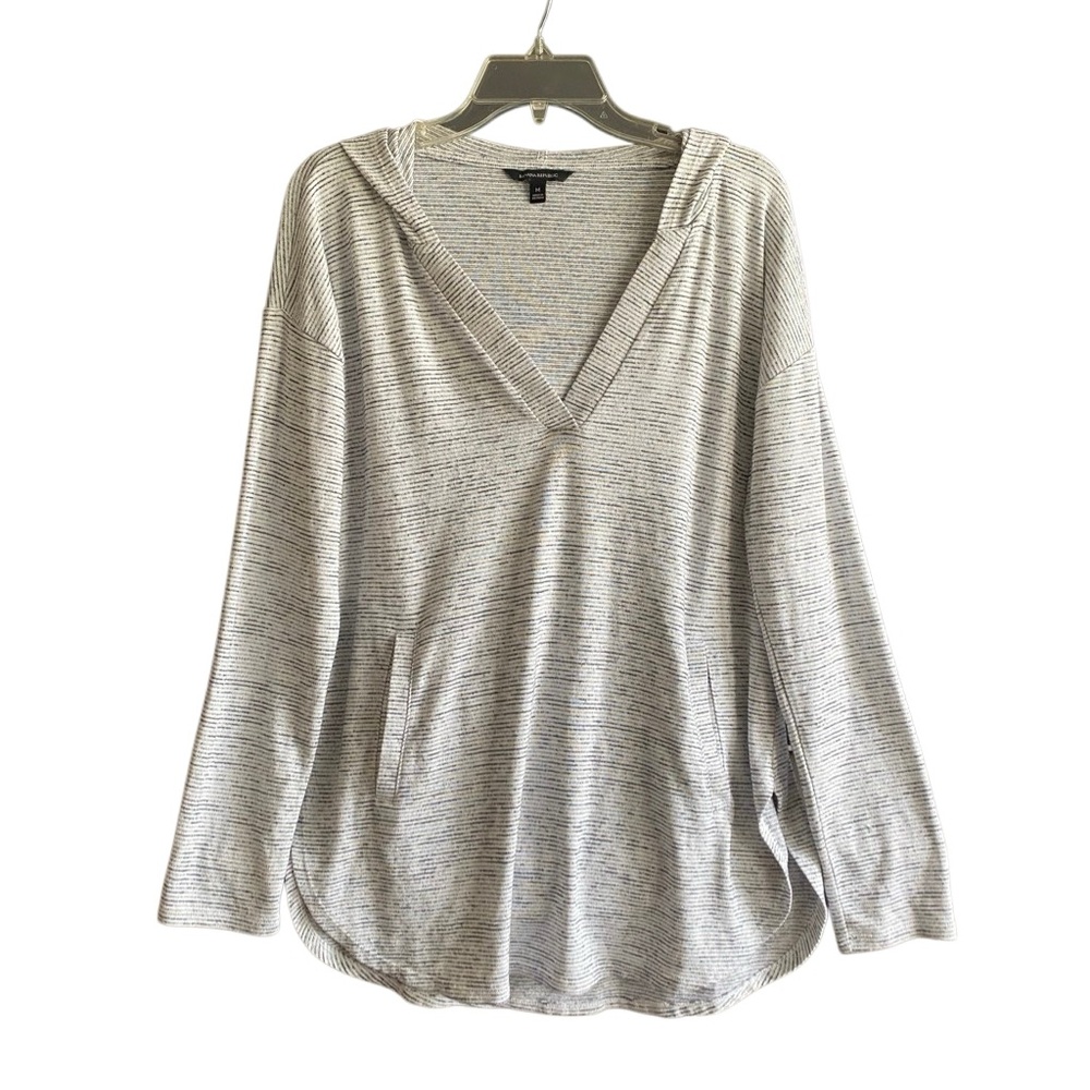 Banana Republic Long Sleeve Hooded Shirt. Black/Gray/White Stripe. Size Medium